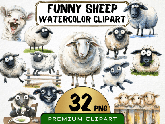 Download Funny Sheep Characters WatercolorClipart - Character Collection