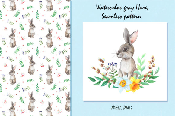 Download Watercolor Gray Hare,flower, Leaves - Premium Resources